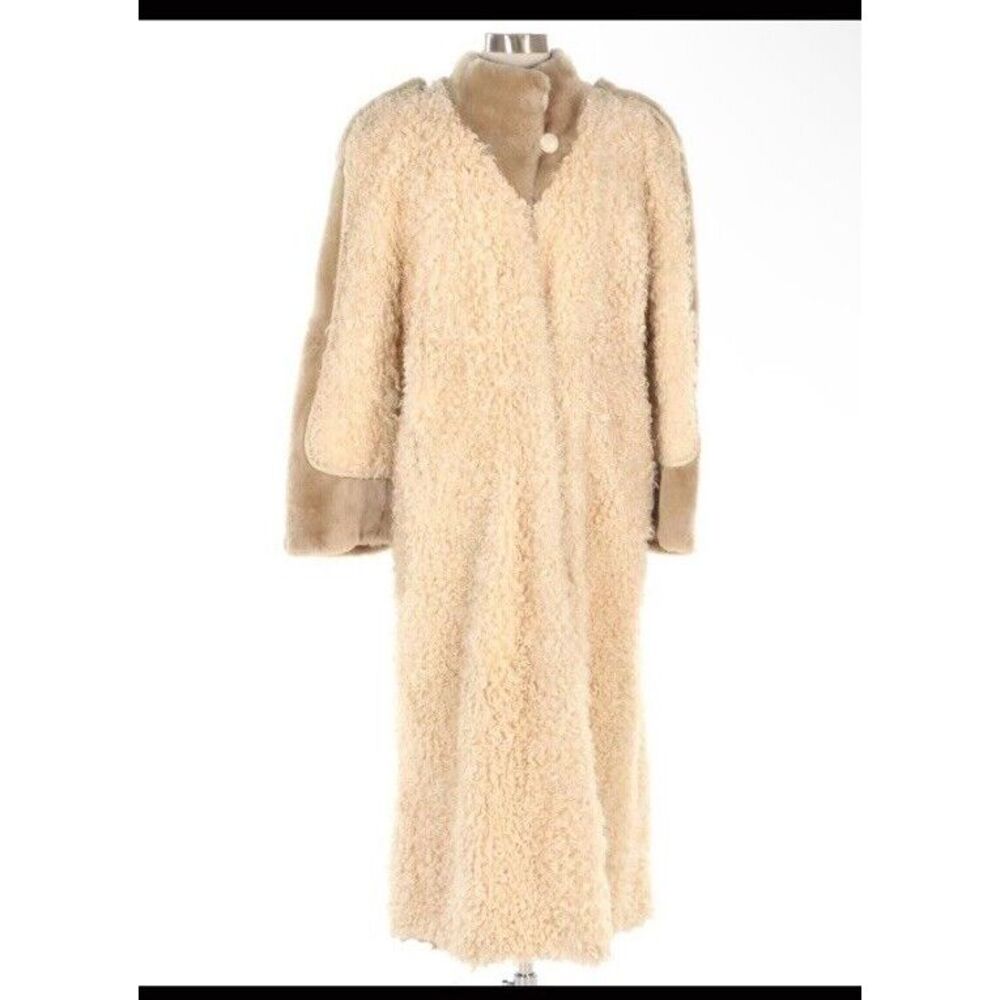 Curly Shearling Lamb Fur Coat W/Sheared Cuffs, Leather Trim Cream XL Vintage
